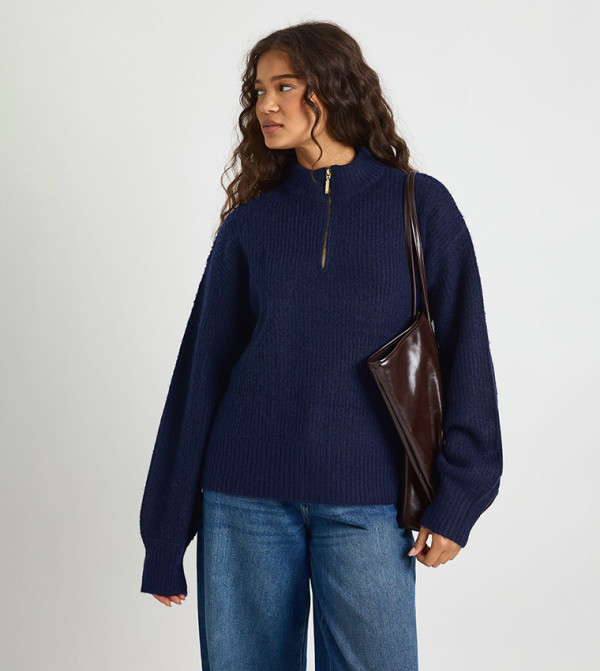 Soft Knit Knitted Zip Neck Oversized Sweater