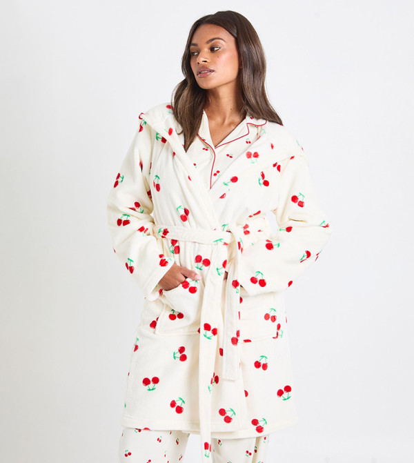 Cherry Print Short Fluffy Dressing Gown Robe