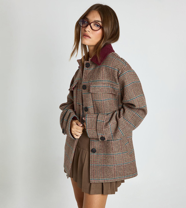 Contrast Cord Collar Herringbone Wool Look Oversized Shacket