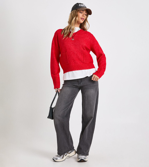 V-Neck Pocket Detail Oversized Knitted Sweater