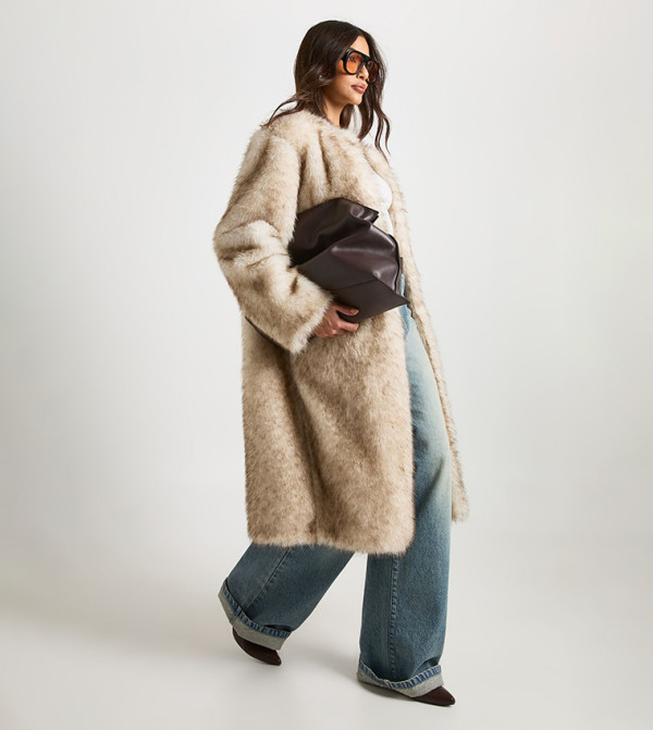 Premium Vintage Look Collarless Faux Fur Maxi Coat