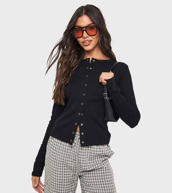 Rib Popper Front Long Sleeves Shirt