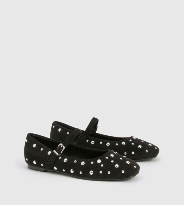 Faux Suede Studded Square Toe Ballerina Mary Janes