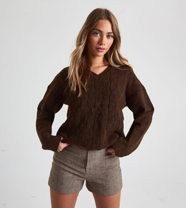 Chunky Knit V-Neck Cable Knit Sweater