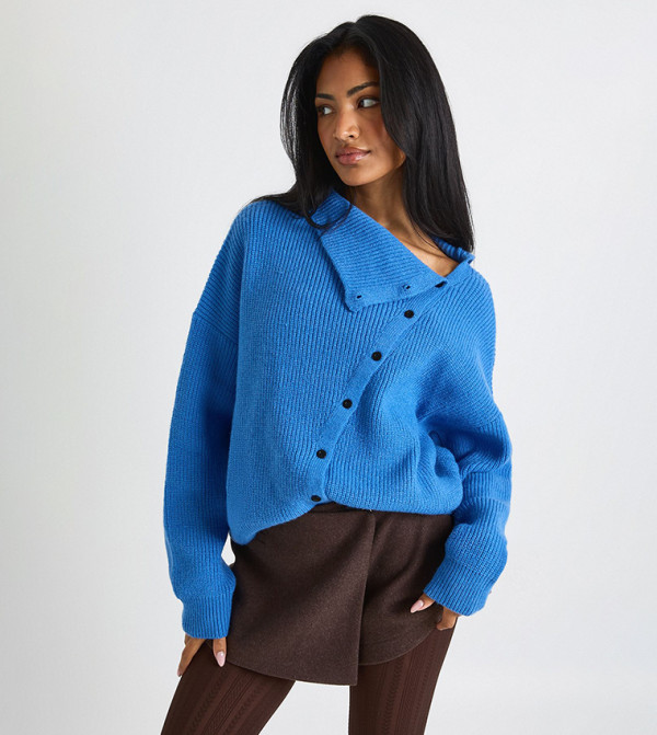 Super Soft Asymmetric Button High Neck Sweater