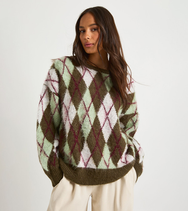 Argyle Patterned Knitted Oversized Sweater