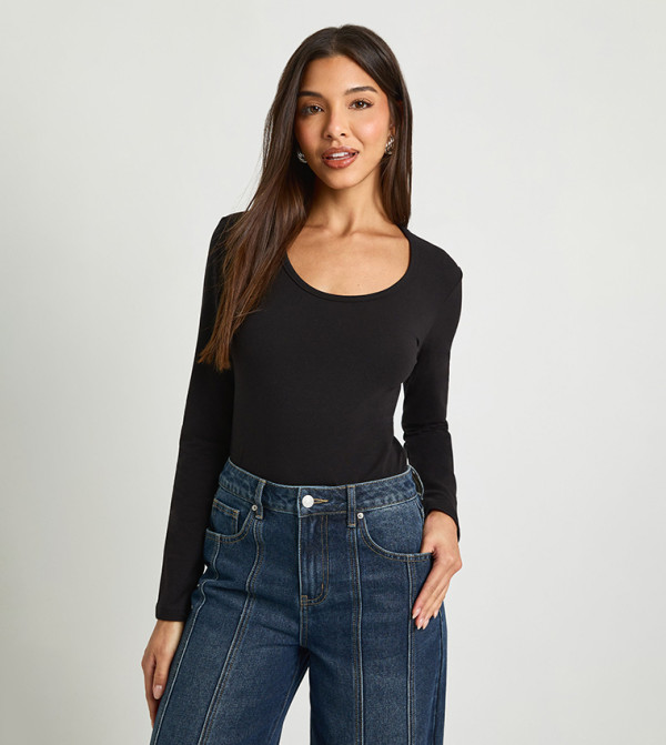 Solid Scoop Neck Long Sleeves Bodysuit Top
