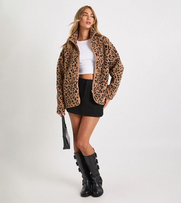 Leopard Patterned Oversized Teddy Jacket