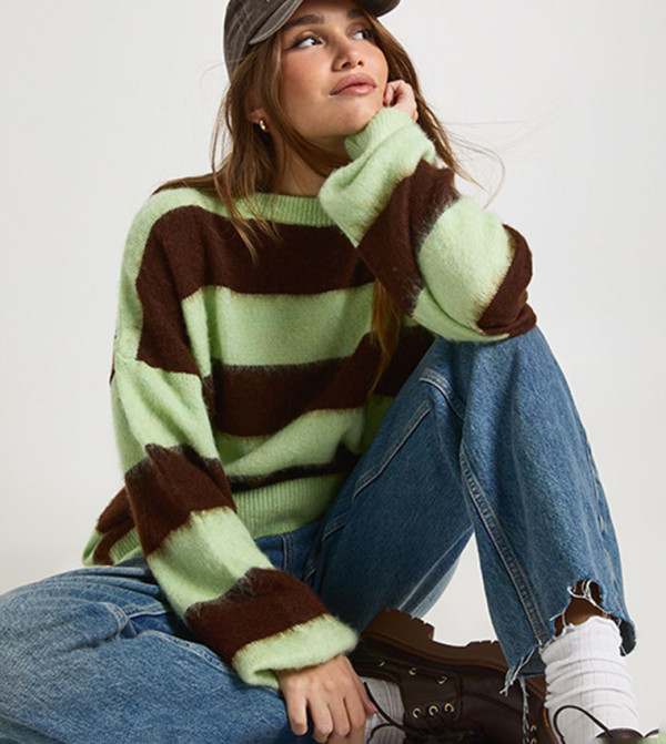 Brushed Striped Crew Neck Oversized Sweater