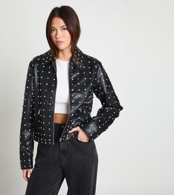 Premium Faux Leather Diamante Jacket