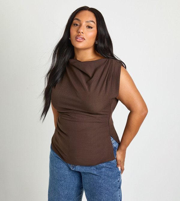 Curve Cowl Neck Asymmetric Sleeveless Top