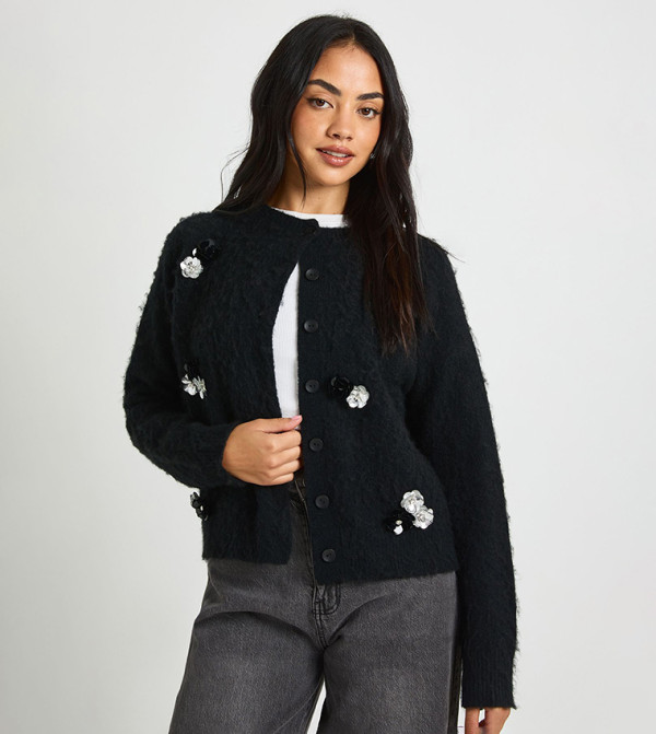 Embellished Flower Detail Brushed Knit Cardigan