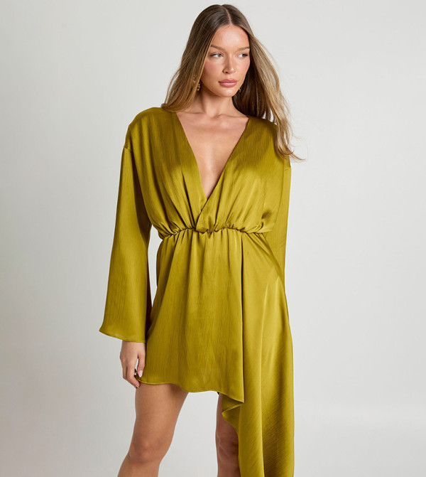 Textured Satin Draped Wrap Mini Dress