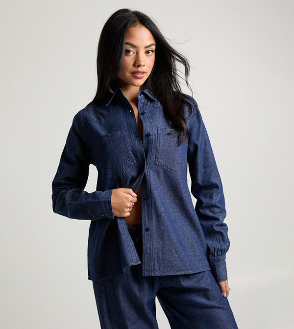 Pocket Detail Long Sleeves Chambray Oversized Shirt