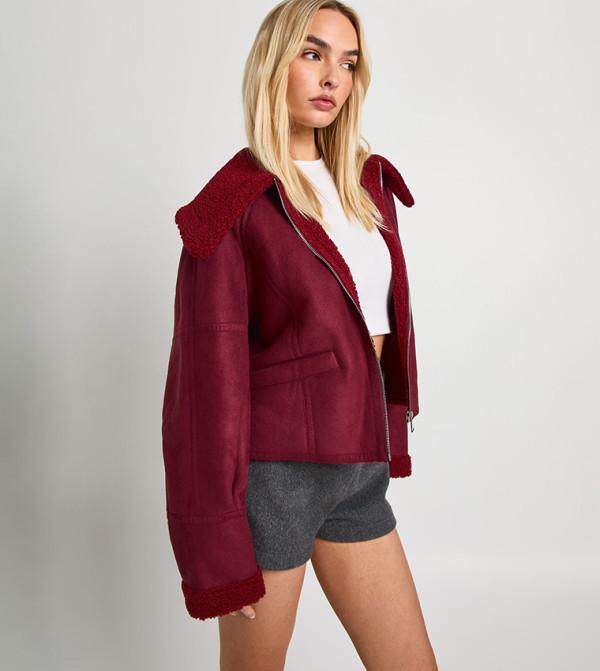 Teddy Trim Faux Suede Aviator Jacket