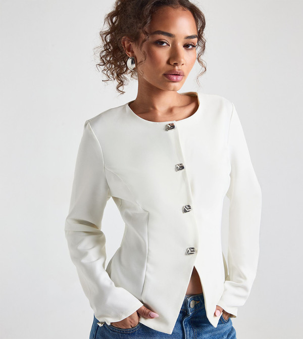 Silver Trim Collarless Blazer