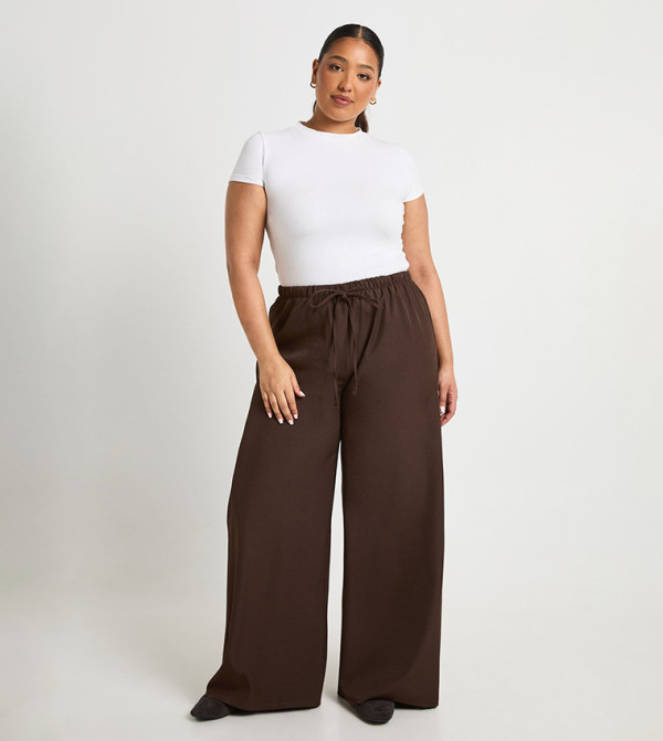 Curve Woven Drawstring Waist Wide Leg Trousers