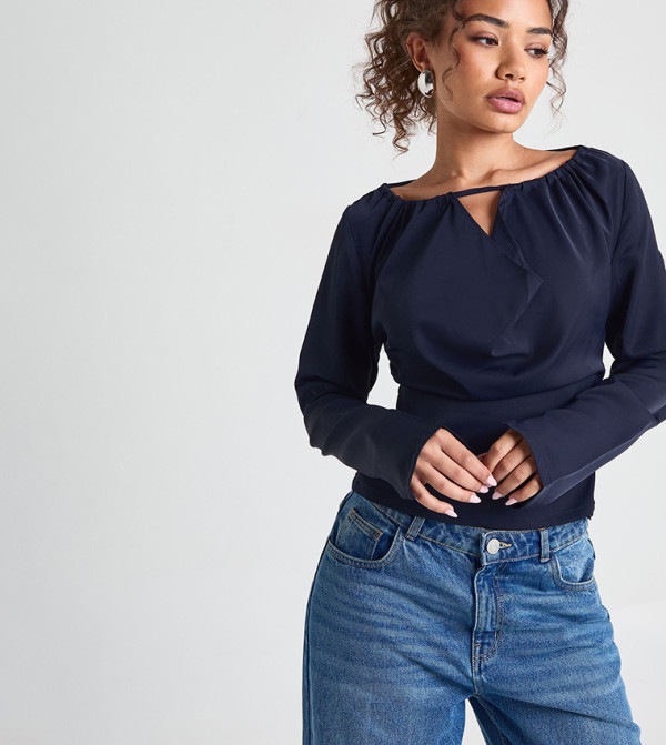 Keyhole Neck Cinched Waist Top