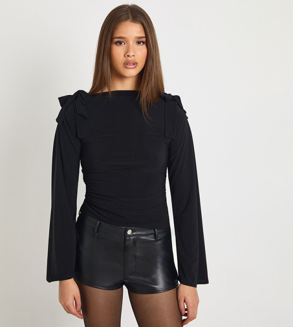 Slinky Bow Shoulder Detail Long Sleeves Top