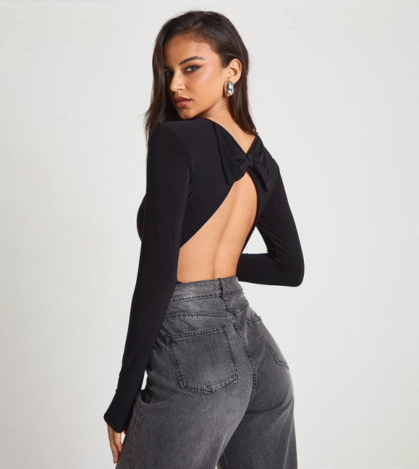 Slinky Bow Back Detail Long Sleeves Bodysuit