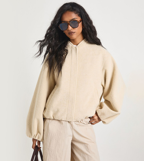 Balloon Sleeves Wool Look Bomber Jacket