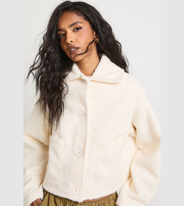 Wool Look Collared Button Up Pocket Detail Jacket