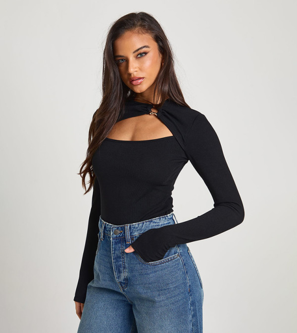 Ribbed Gold Trim Detail Cut Out Long Sleeves Top
