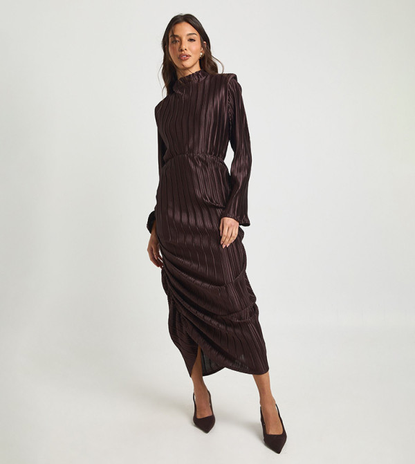 High Neck Plisse Midi Bodycon Dress