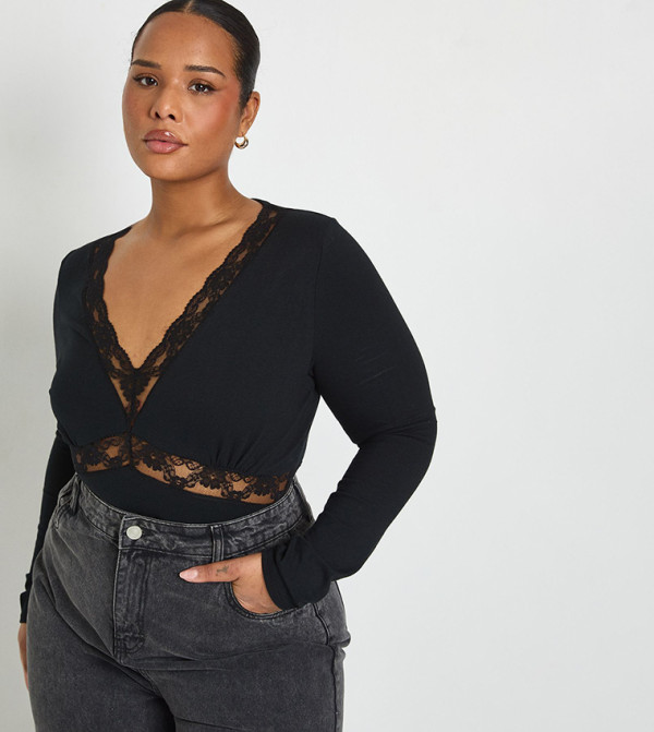 Curve Cotton Lace Trim Long Sleeves Bodysuit