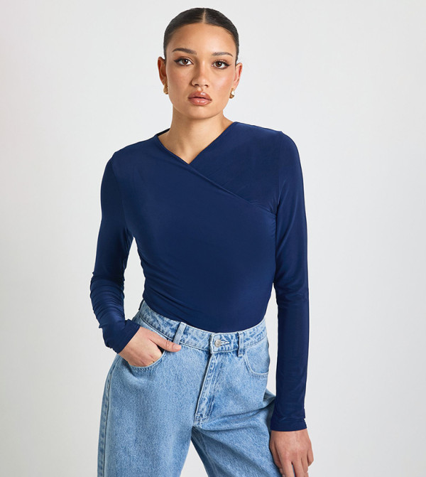Wrap Front Matte Slinky Long Sleeves Bodysuit Top