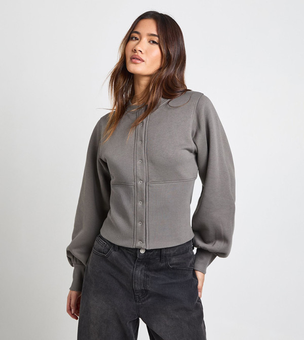 Balloon Sleeves Cinched Waist Popper Sweatshirt