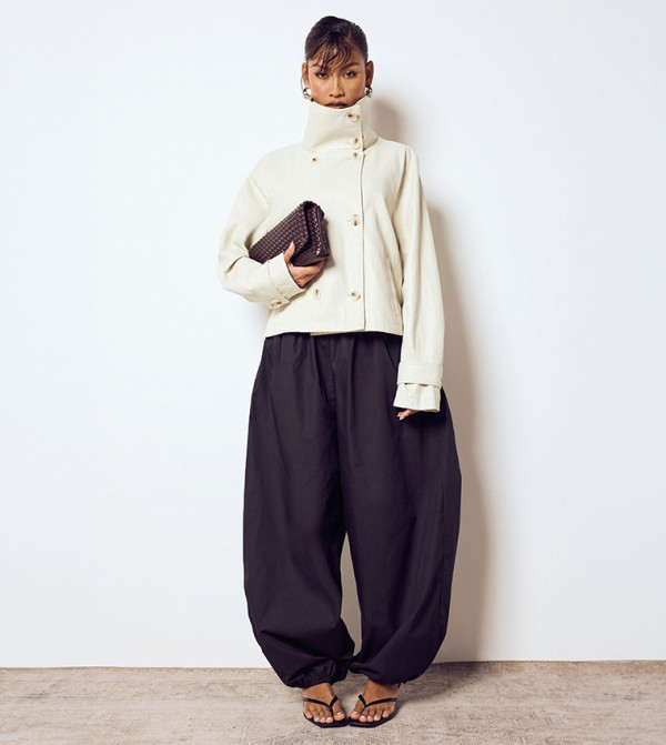 Funnel Neck Button Detail Short Faux Leather Jacket