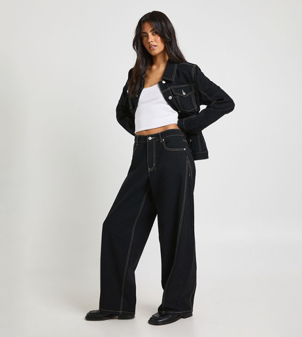 Mid Waist Seam Front Barrel Fit Jeans