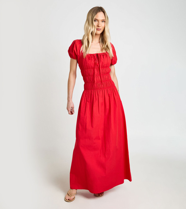 Petite Cotton Poplin Shirred Bodice Puff Sleeves Maxi Dress