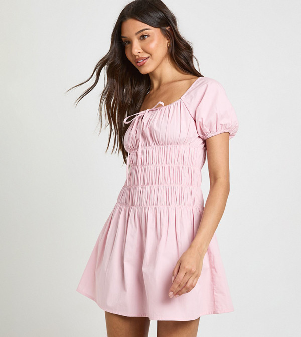 Poplin Shirred Bodice Puff Sleeves Mini Dress