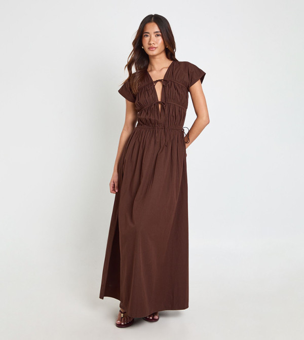 Poplin Shirred Front Tie Maxi Dress