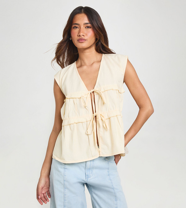 Poplin Tie Front Ruffle Smock Top