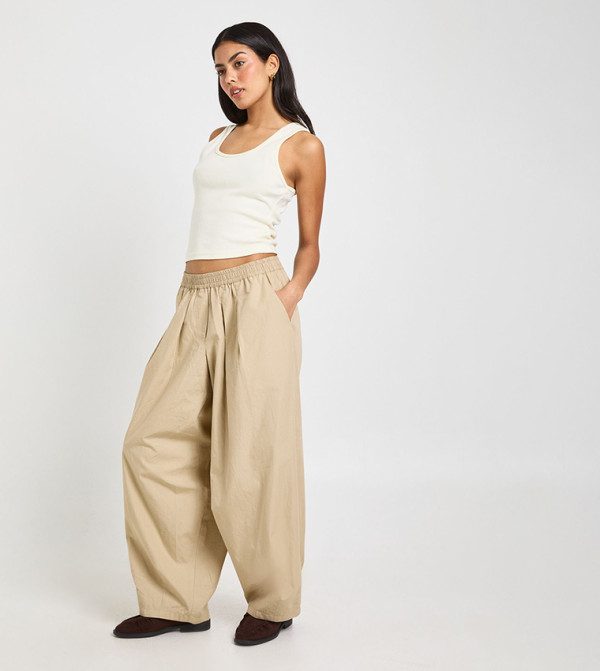 Poplin Pleated Barrel Leg Trousers