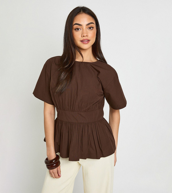 Cinch Waist Peplum Short Sleeves Top