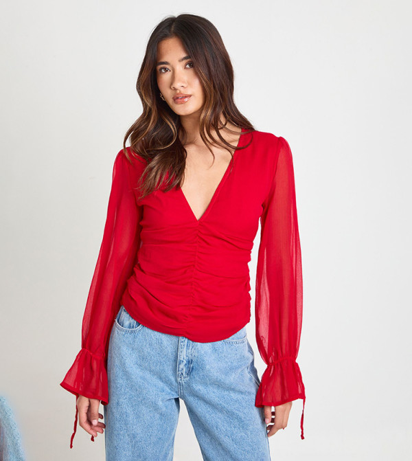 Chiffon V-Neck Tie Cuff Top