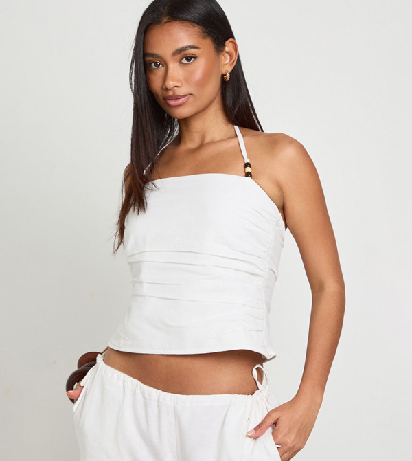 Linen Look Beaded Halterneck Top