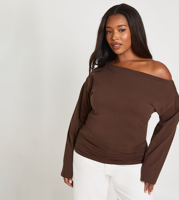 Curve Off Shoulder Ruched Side Long Sleeves Top