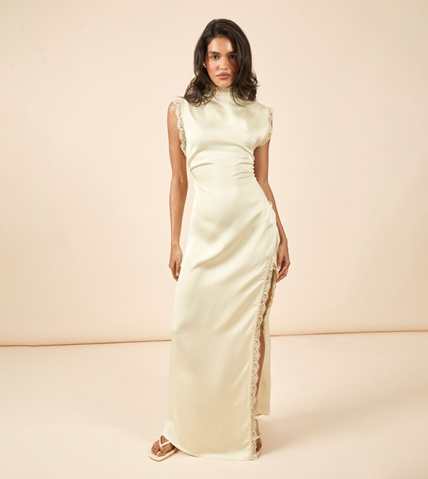 Satin High Neck Maxi Dress with Lace Trim