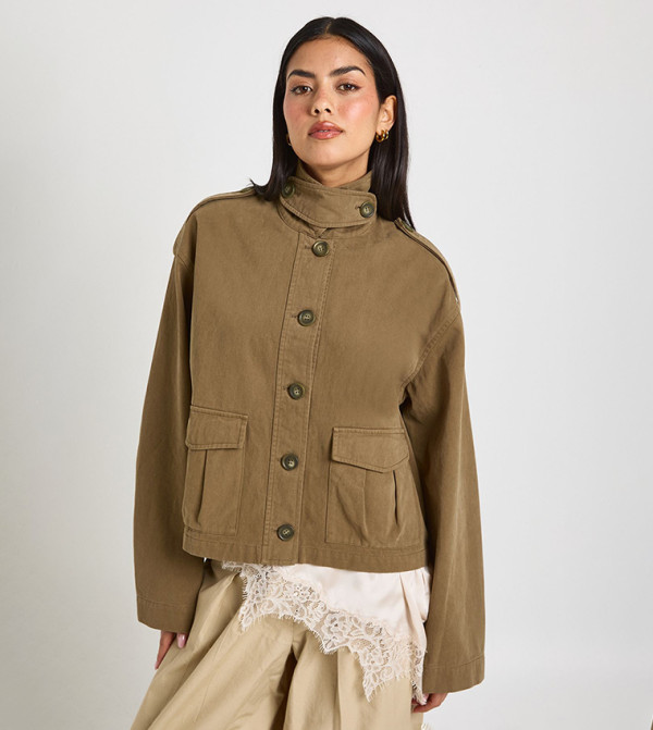 High Neck Twill Utility Jacket