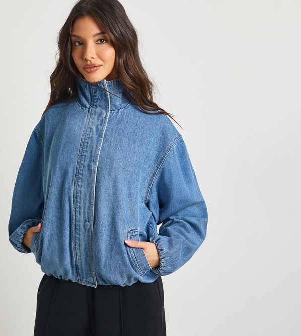 Funnel Neck Denim Bomber Jacket