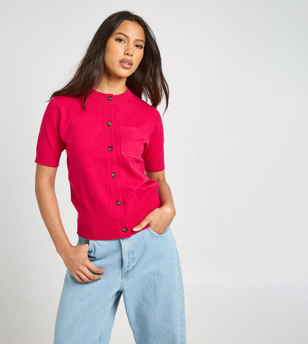 Knitted Cinched Hem Button Through Crop Top