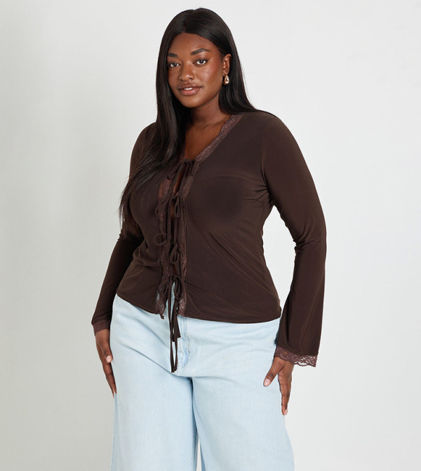 Curve Lace Trim Tie Front Long Sleeves Top
