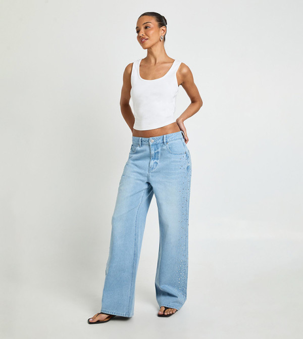 Embellished High Waisted Straight Fit Jeans