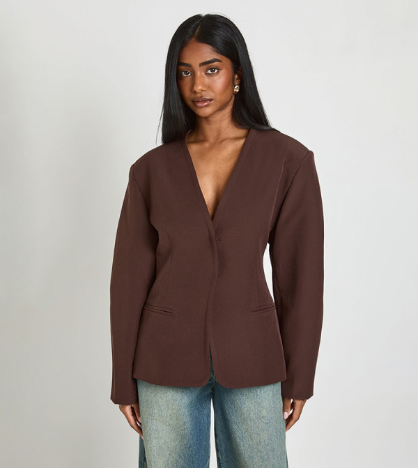 Collarless Cinched Barrel Sleeves Blazer