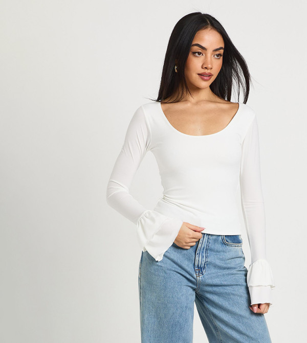 Slinky Scoop Neck Flutter Sleeves Top